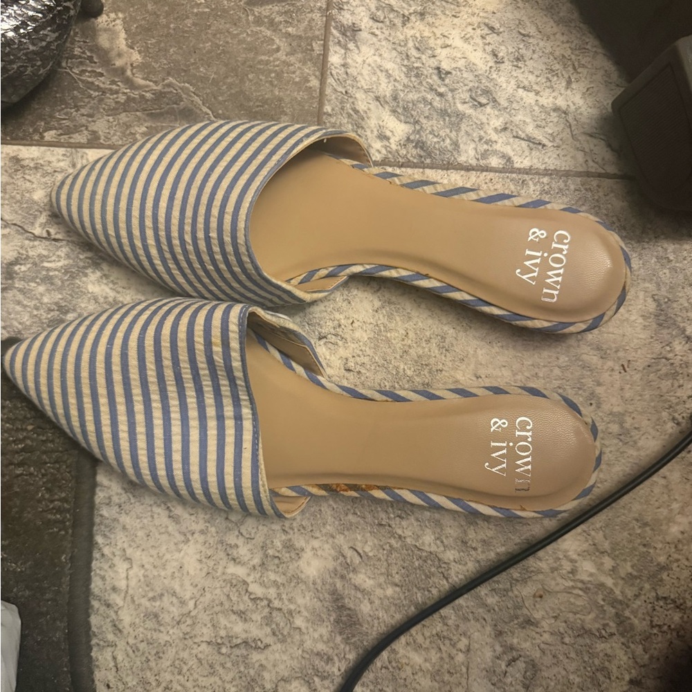Crown & Ivy Blue Mules with Nautical Stripes